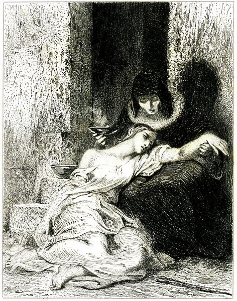 Young woman visibly suffering (sick) slamed on the knees of an older woman who makes her take a potion (medicine) - etching (etching) by Tony Johannot (Antoine Johannot dit, 1803-1853)