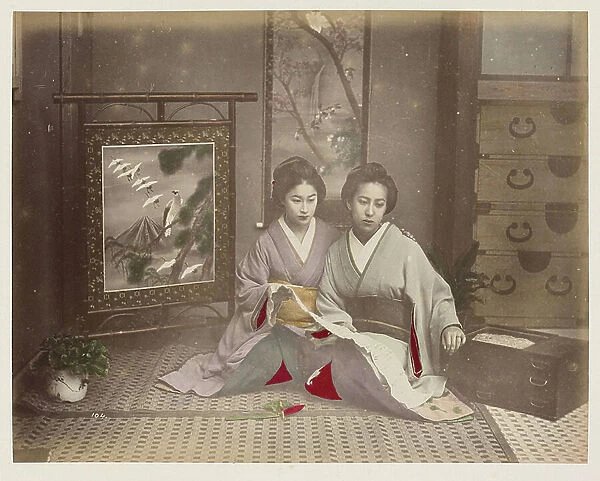 Two Young Women Reading - Reading - Japan 1880-1910 - Hand coloured photo