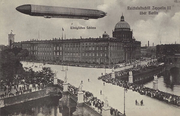 Zeppelin LZ III flying over the City Palace, Berlin (b  /  w photo)