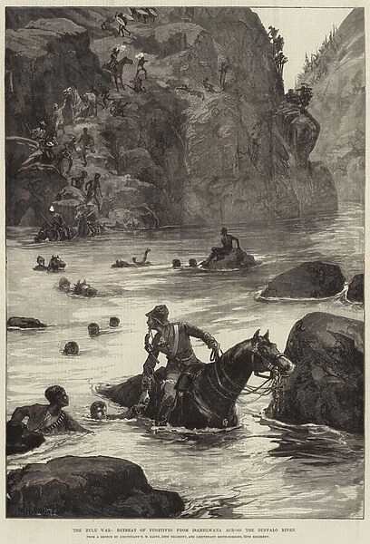 The Zulu War, Retreat of Fugitives from Isanhlwana across the Buffalo River (engraving)