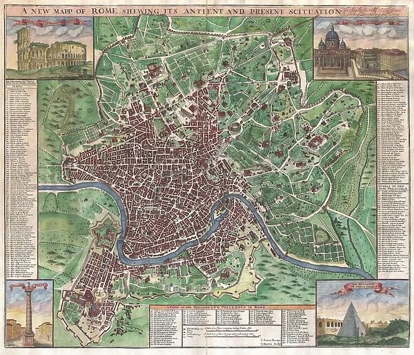 1721, John Senex Map of Rome, topography, cartography, geography, land, illustration