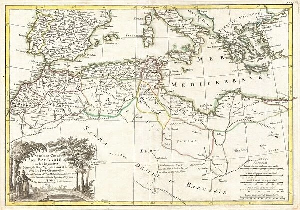 1771, Bonne Map of the Mediterranean and the Maghreb or Barbary Coast, Rigobert Bonne 1727 - 1794