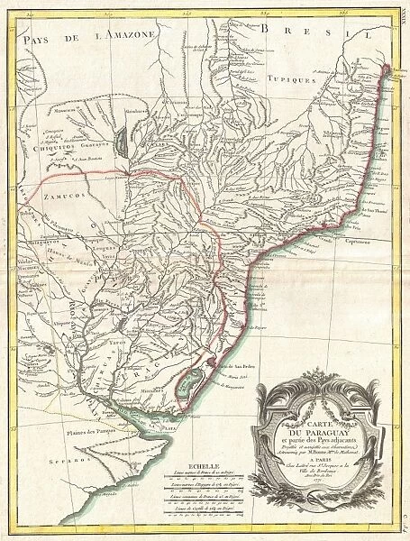 1771, Bonne Map of Paraguay, Uruguay, and Brazil, Rigobert Bonne 1727 - 1794, one