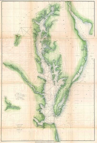 1855, U. S. Coast Survey Chart or Map of Chesapeake Bay and Delaware Bay, topography