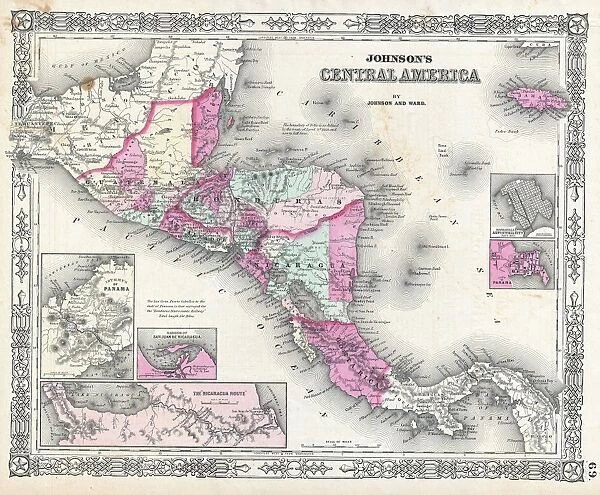 1864, Johnson Map of Central America, topography, cartography, geography, land, illustration