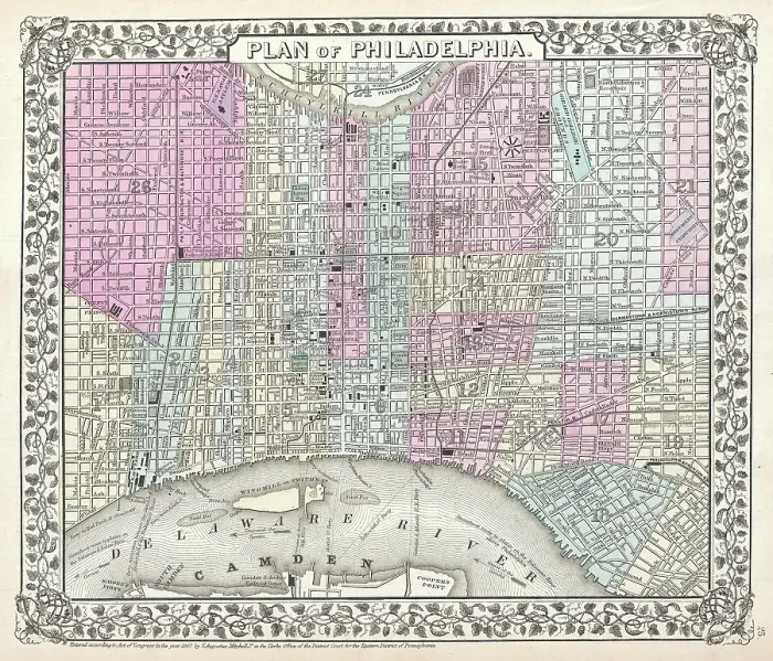 Framed Print : 1867 Mitchell Map of Philadelphia Print Framed Print : 1867 Mitchell Map of Philadelphia Print