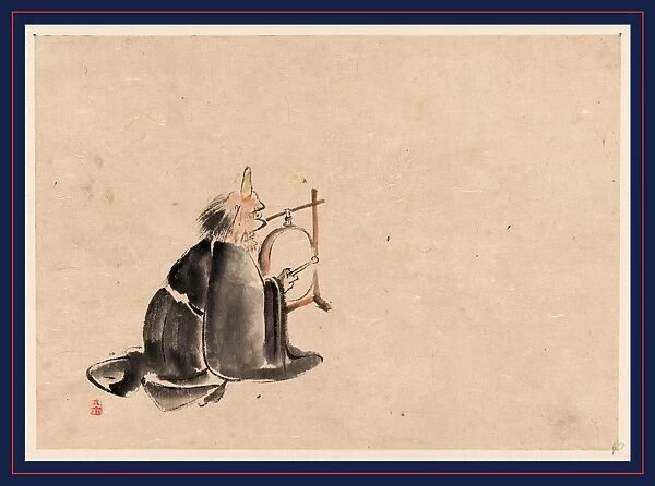 [A monk wearing a mask(?) with a horn, sitting on the ground, beating a drum (tsuri-daiko)]