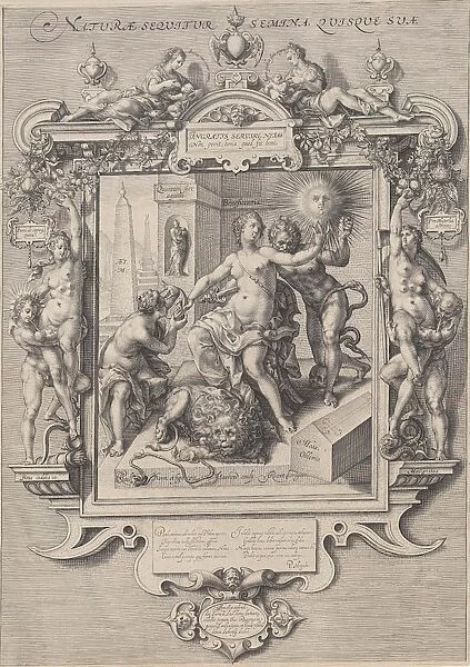 Allegory of human nature, print maker: Jan Saenredam, Cornelis Ketel, Petrus Hogerbeets