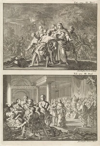 Arrest of Christ and Peter denies Christ, Jan Luyken, Willem Broedelet, 1700