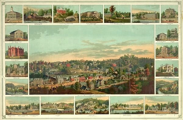 Birds eye view of Ellicotts Mills, Maryland; small images of various buildings