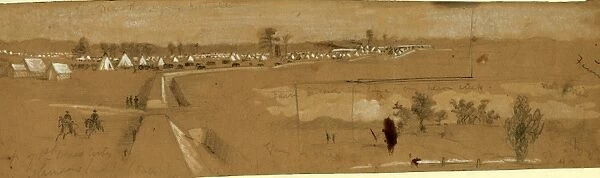Camp of 1st Mass. Arty, Harrisons landing, 1862 July, drawing on tan paper pencil