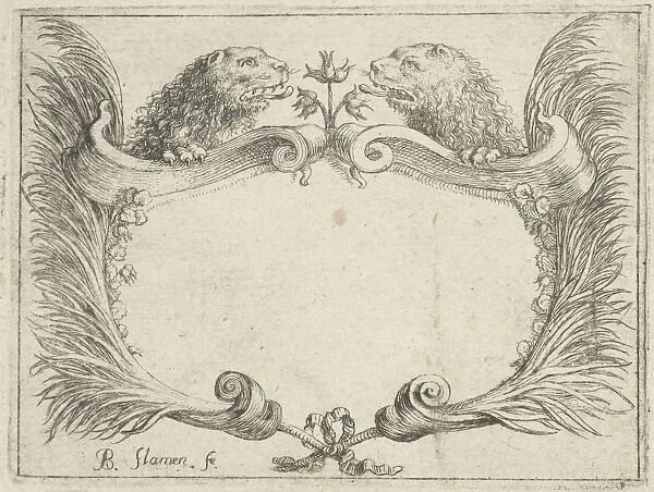 Cartouche with lion heads, Albert Flamen, 1648 - 1692