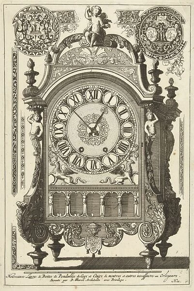 Clock and a putto, title page from the series Nouveaux Liure de Boites de Pendulles