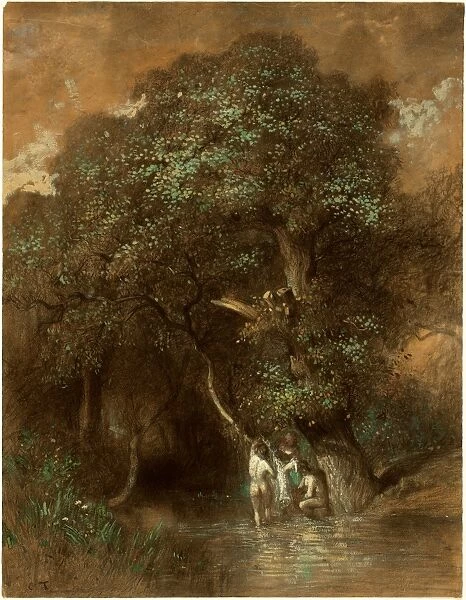 Constant Troyon, French (1810-1865), Bathers by a Giant Oak, c. 1842-1844, charcoal