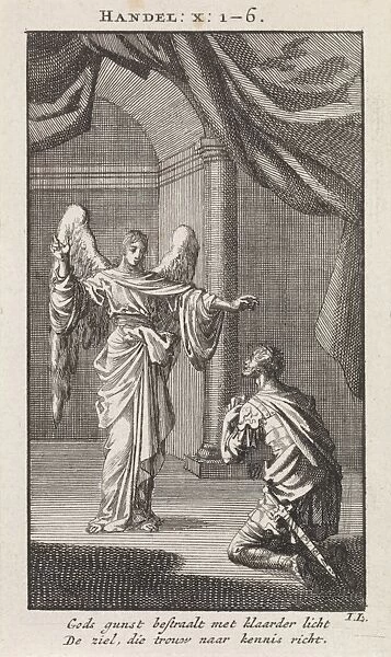Cornelius kneels before the angel sent to him, Jan Luyken, wed