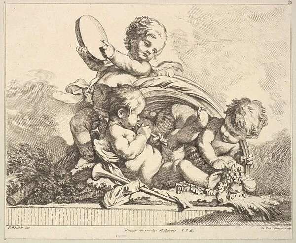 Three Cupids Two Playing Music Holding Palm Leaves