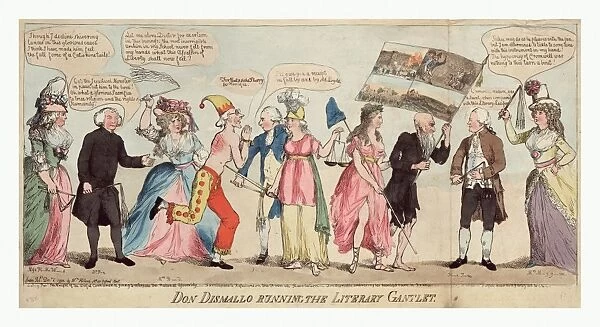 Don Dismallo running the literary gantlet, engraving 1790, Edmund Burke in fools