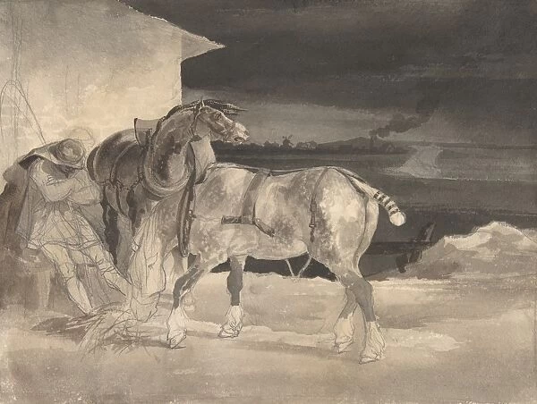 Two Draft Horses Sleeping Driver 1820-22 Brush