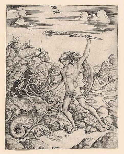 Drawings Prints, Print, Hercules Hydra, wielding, torch, he, attacks, winged, multi-headed