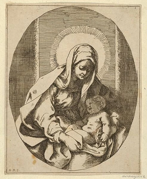 Drawings Prints, Print, Virgin, holding, infant, Christ, lap, oval composition, Reni
