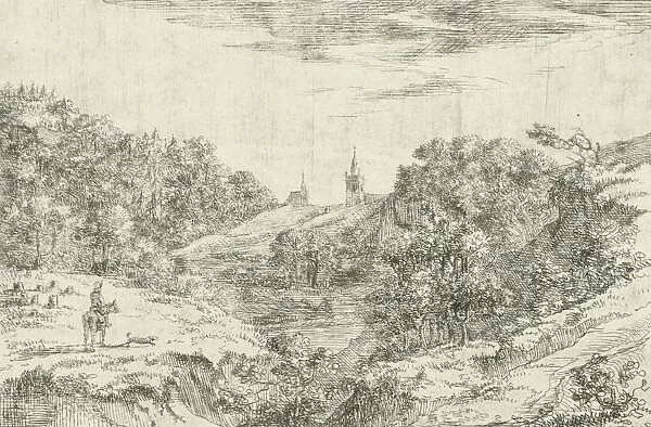 Dunes with churches and horseman at Scheveningen, Dirk Vis Blokhuyzen, 1809 - 1869