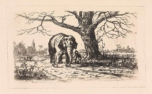 Dutch landscape with an elephant and supervisor, Elias Stark, 1886