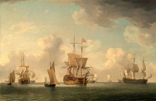 English Ships Under Sail in a Very Light Breeze Signed in brown paint, lower left