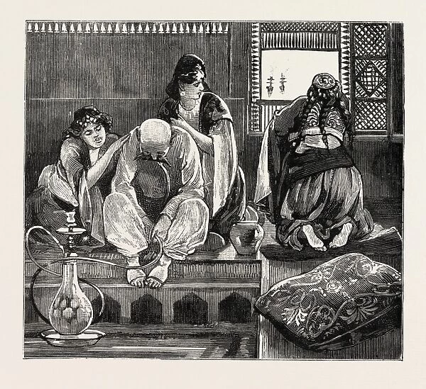 Fatima at the Lattice Affecting Cheeriness my Lord, the Giaours are Going, Engraving 1884