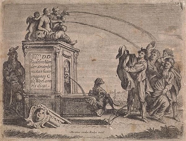 Group of people at fountain, Cornelis de Wael, Martinus van den Enden (I), 1630 - 1654