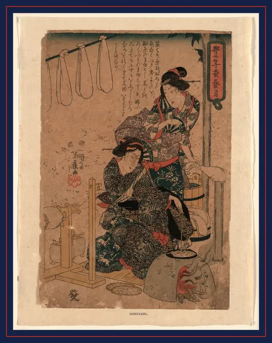Framed Print : Print of two women preparing silk thread Framed Print : Print of two women preparing silk thread