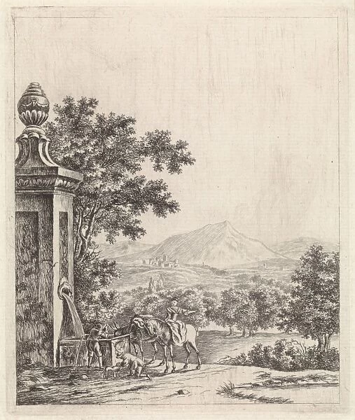 Landscape with fountain, Jan van Huissen, 1761 - 1784