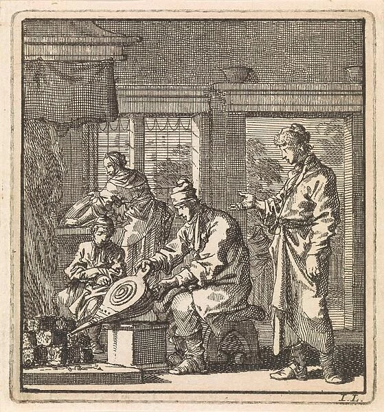 Man stokes the fire with a bellows, Jan Luyken, wed. Pieter Arentsz & Cornelis van der Sys