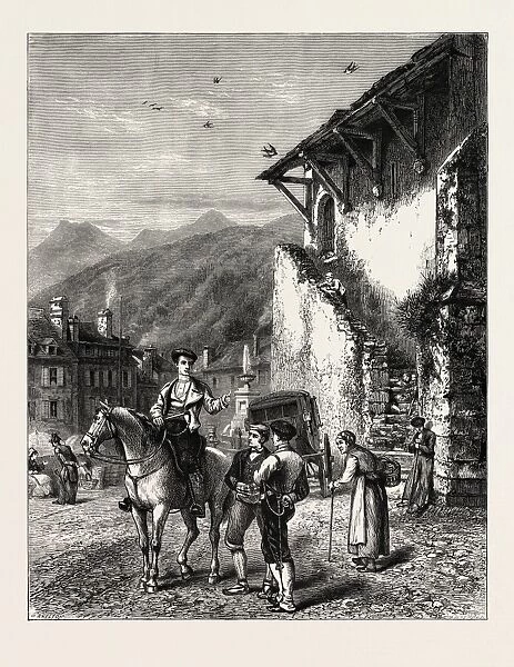 Market Place at Laruns, THE PYRENEES, FRANCE, 19th century engraving