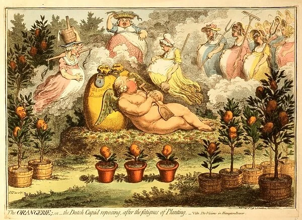 The Orangerie or the Dutch Cupid reposing after the fatigues of Planting, Gillray