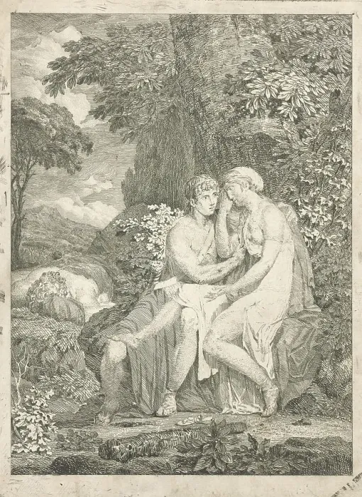 Framed Print : Orpheus comforts Eurydice Print, Etching on Paper