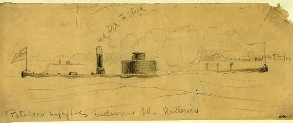Patapsco engaging Sullivans Id. Batteries, drawing, 1862-1865, by Alfred R Waud