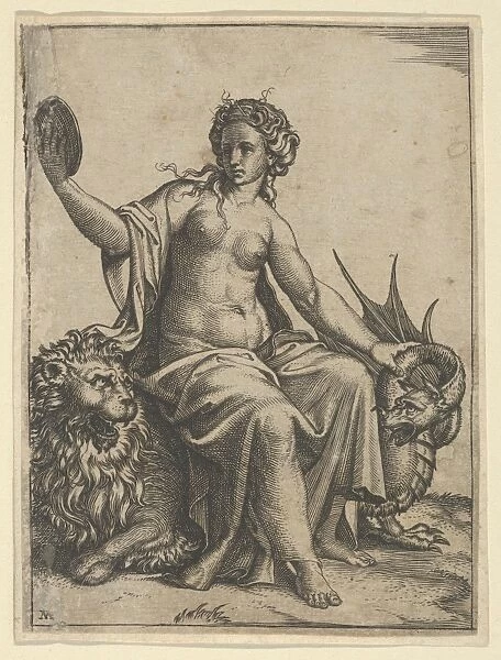 Prudence young woman sitting lion holding neck