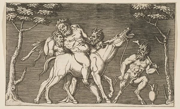 Two satyrs placing Silenus braying mule third satyr
