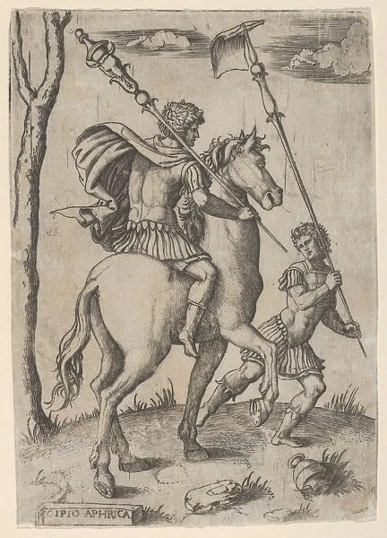 Scipio Africanus horseback preceeded foot soldier holding