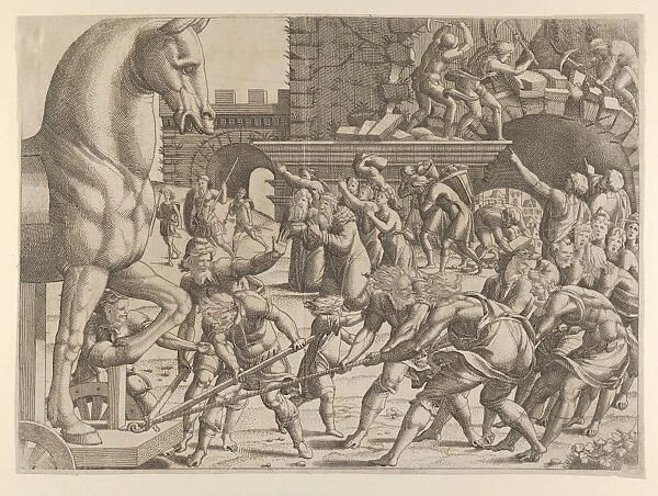 Trojans Bring Wooden Horse City 1535-55 Etching