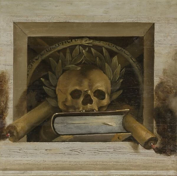 Vanitas Still Life with Scull with Laurel Wreath and two Burning Candles, Jacob van