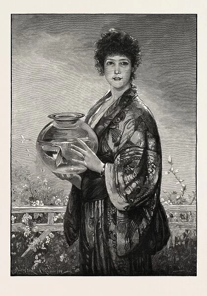 A Woman Holding a Fishbowl Containing Gold Fish, 1893 Engraving