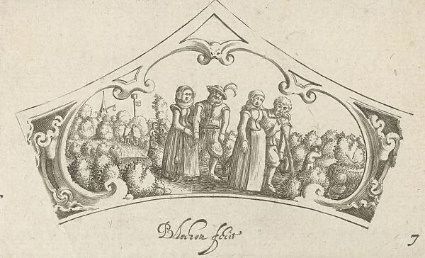 Women accompany drunken men, print maker: Bartholomeus van Lochom, Hans Janssen