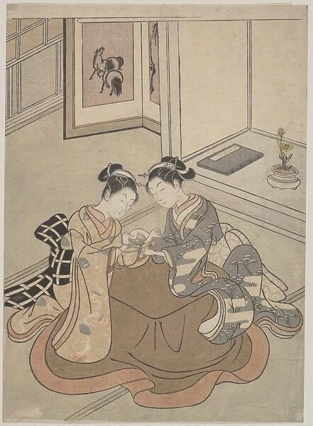 Two Young Women Seated Kotatsu Playing Cat Cradle