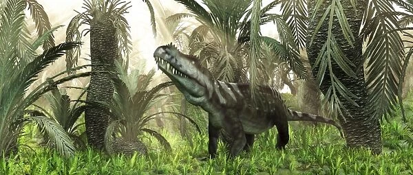 An archosaur wanders amidst cycads and ferns in a prehistoric swamp