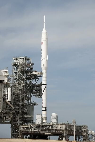 The Ares I-X rocket is seen on the launch pad at Kennedy Space Center