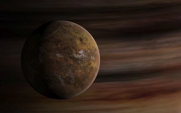 Artists concept of a Mars-like moon in front of a gas giant