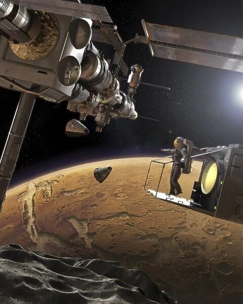 Artists concept of an orbital outpost above Phobos, the nearest of Mars moons