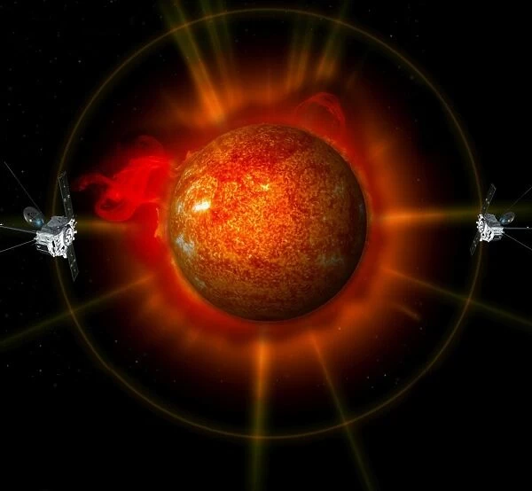 An artists concept of the STEREO spacecraft surrounding the sun