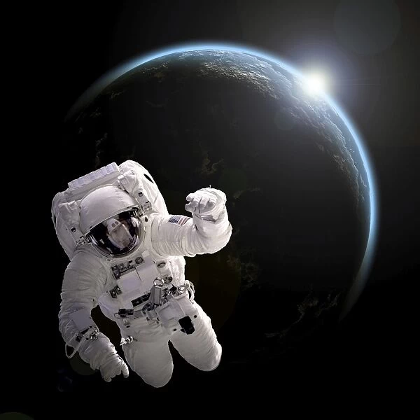 Astronaut floating in space as the sun rises on an Earth-like planet